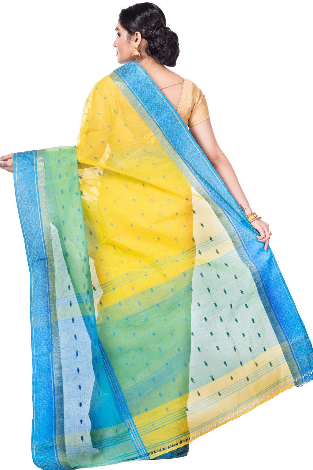 Yellow Pure Cotton Ganga Jamuna_Buti Tant Saree (648)